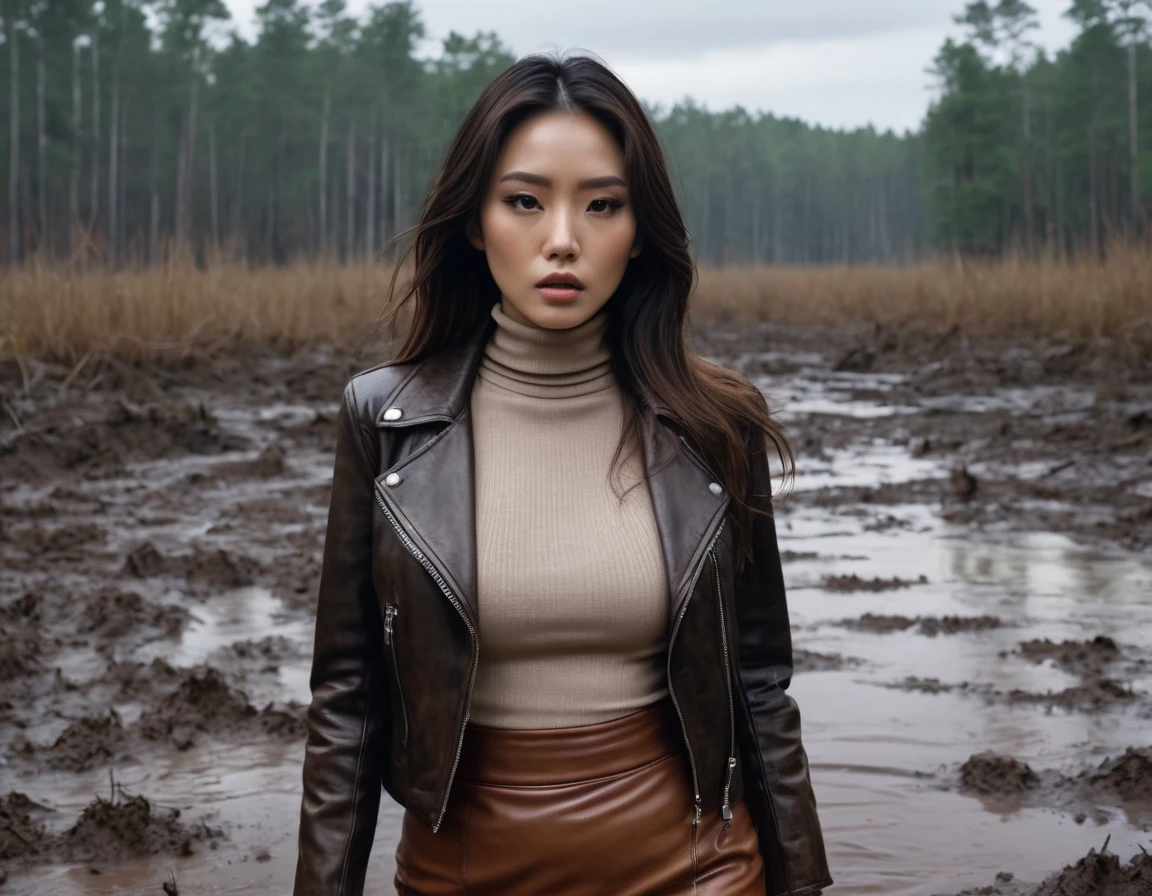 8k, ultra-detailed, grainy film photo, masterpiece,muted colors, muffled light, dusk, rainy, moody, noir, brown sweat turtleneck, faded leather jacket, pencil skirt, dry-humping action, gloomy orgasm expression, simulates intercourse:1.2, looking towards,woman drowning in forest mud bog, beautiful long brunette hair, depraved outfit,asian:0.5fetishistic makeup,beige, brown, red,
