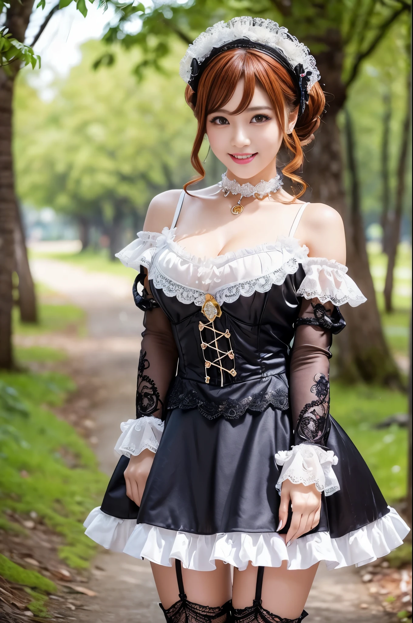 (nsfw), sexy stylish Thai model, only 1 female, ((doll-like appearance)), short Auburn stylish hair, ((shiny Victorian-Style boots)), (big smile), ultra detailed eyes, vivid eye makeup, lipgloss, long lashes, defined eyebrows, ((sexy Paradise Kiss cosplay)), bell-shaped skirt, petticoats, high neckline, puffed sleeves, ((ultra detailed lace)), ((ultra detailed embroidery)), intricate details, Paradise Kiss accessoires and matching headpiece, choker, ((large sparkling Paradise Kiss jewelry)), cinematic light, detailed large park background with trees