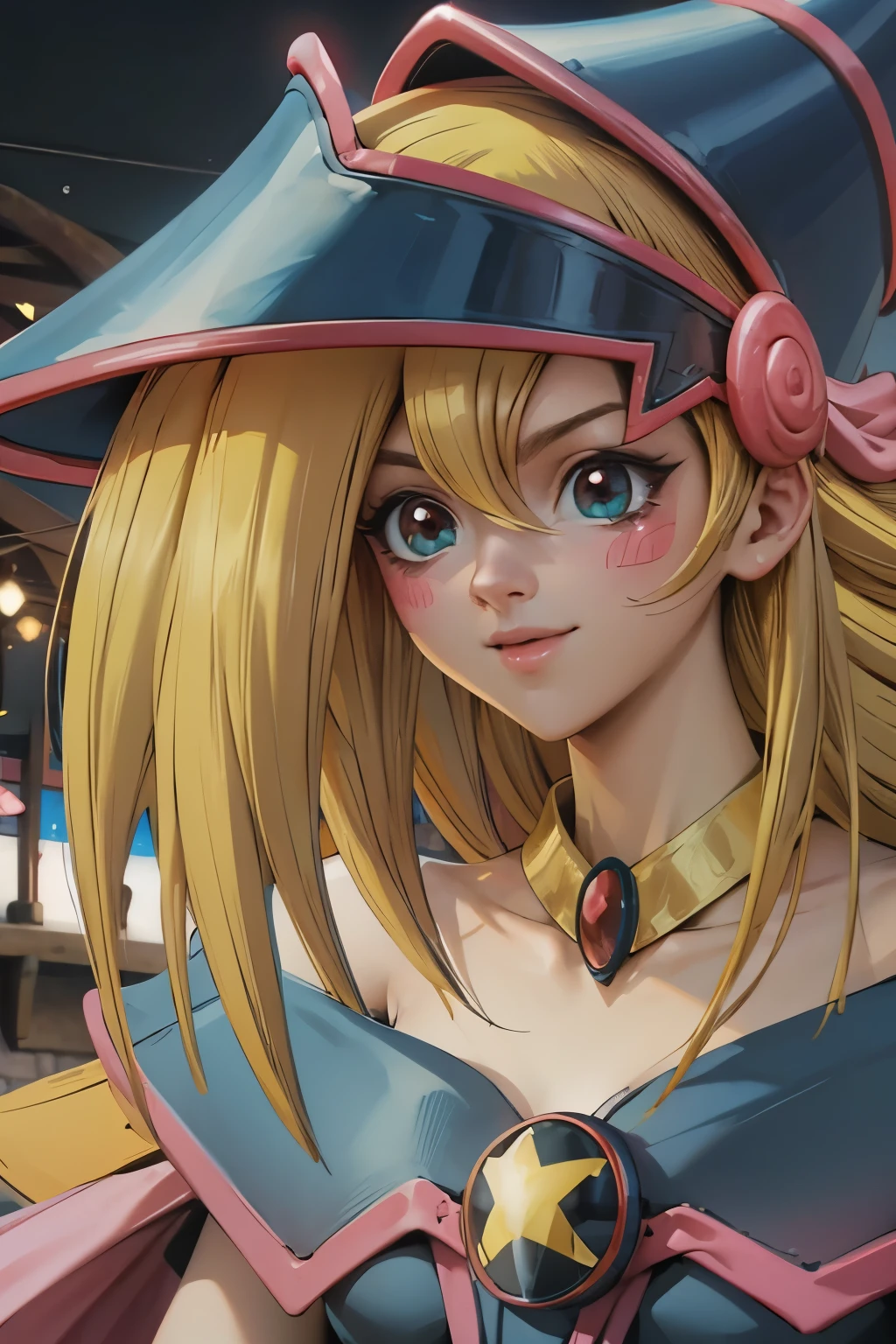 Crea el hermoso rostro de dark magician gils. Ojos azules. Labios rosados. Tes blanca. Cabello rubio. girl smile. Hombros destapados. Collar en el cuello. Rostro de dark magician gils