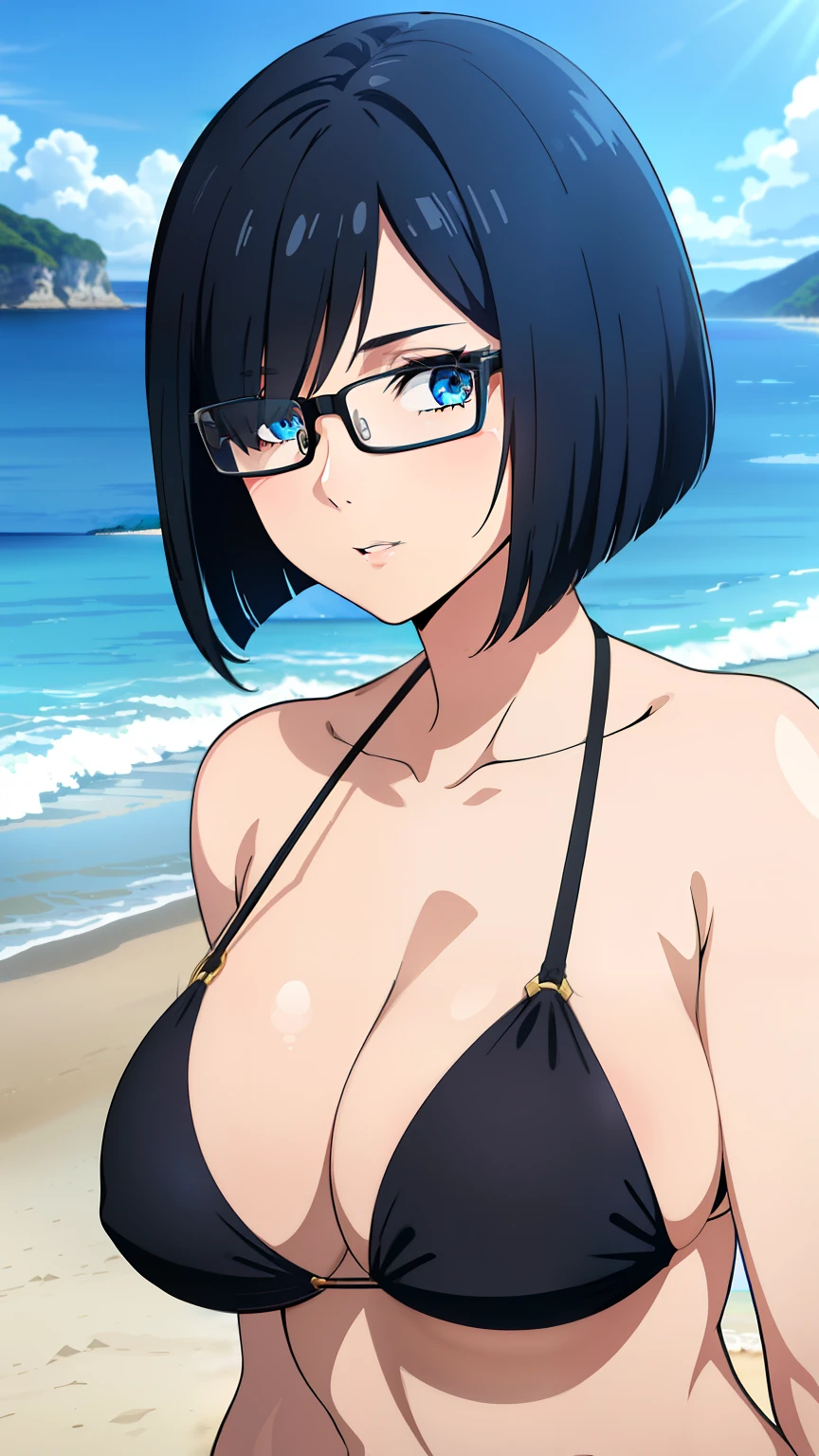 (best quality:1.5, highres, UHD, 4K, detailed lighting, shaders), black hair, bob cut, hair covering one eye, cool woman, cool girl, sharp eyes, blue eyes, with glasses, beautiful, beach background, bikini, large breasts