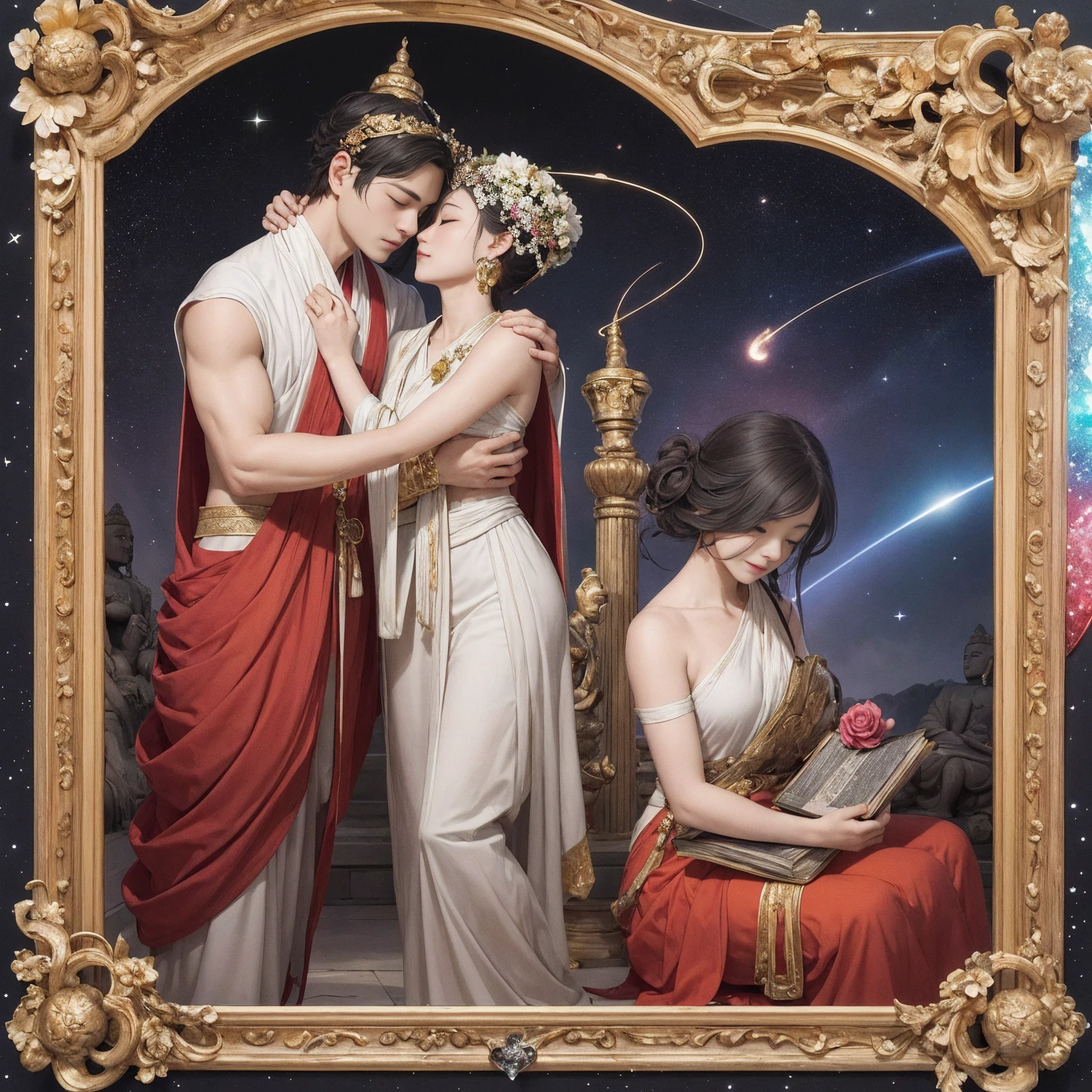 「Yab-Yum」A huge Roman emperor named Constantine I「great」A cute girl from the Land of the Rising Sun snuggles up to the head of the statue。they are a happy couple、full of love。Their love is、It transcends the shackles of faith and religion。That love is、It's a microcosm that lives within garden quartz、It's a galaxy、It's a clear sky before dawn。Their relationship unfolded in a tranquil time、Marble floor and colorful ores、diamond、Morganite、Kunzite、rose quartz、Inca Rose、rhodochrosite、Decorated with jewels of love such as rhodonite。Their love is時空を超えた幸福であり、Has the power of healing, forgiveness, and repentance。They are united in a sacred prayer、That figure is super beautiful and the scale is endless。Their relationship is detailed and elaborate、It links a nostalgic past with an exciting future。Their love is現代的であり、It is a super high quality entity such as Akashic Records and Book of Life。It's a divine digital art、filled with pure light。That love is深い感動を呼び起こし、It's something that brings tears、Symbolizes the happiness of love。They are Aizen Myoo and Cupid、They are like angels of love、It embodies the mercy and wisdom of Shinto and Buddha。their relationship built a lyrical and heart-full world、Has wisdom, compassion, and healing powers。They look like Alma Tadema and Michelangelo、Gustave Doré、Comparable to William Blake's works。They are soulmates and twin flames depicted in tarot cards and oracle cards、It's like a twin ray、Happy Buddha and Buddha paintings、It also exists in Buddha statues。They symbolize the integration of East and West、Tibetan Buddhism or Gandharan style、It is also familiar to the world of tanga。their relationship also touched on the realm of mysticism、It shows their existence as a soul-like。Their love is地上の運命と天界の至福を結びつけ、It's super beautiful and has become a masterpiece。they are humanity's treasure、It symbolizes the truth of the universe。Their appearance became a bridge between the sacred and the secular、It is an iconic, diverse, and colorful entity。that relationship is depicted as digital art、It becomes a sensory motion。It has a sublime meaning、It questions the meaning of living and dying。They embody the light of the Central Sun、The truth of Dainichi Nyorai and the essence of the Rishukyo、Kobo Daishi holds Kukai's prayer。Their appearance resonates with Koyasan's three-dimensional mandala、It embodies the miracles of Komyo Shingon。Their love is密教や天台宗、Transcending the teachings of the Shingon sect、It also extends to regions such as the Taizo Realm and the Kongo Realm。they transcend everything in the mandala、It's the truth itself