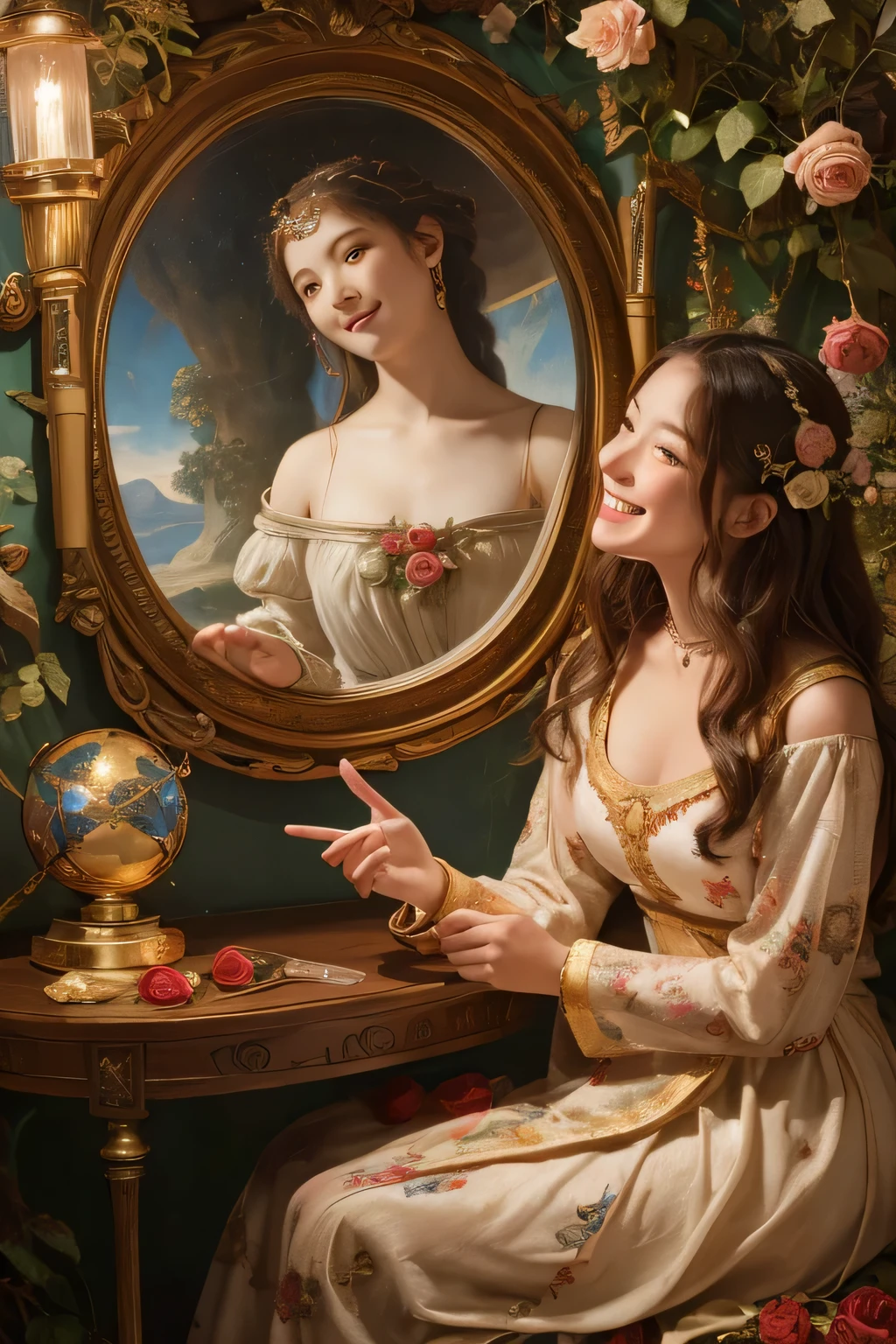 Giorgione painting style,Arguments of two female Philosophe,math、astronomical machine、astronaut、roses in vase、fruits、Cute trinkets、smile、ancient greek costume、Background is a forest lake at night 、Clothes that stretch your shoulders、A big smile、beautiful bare skin、A detailed representation of the seducing woman throughout her body.