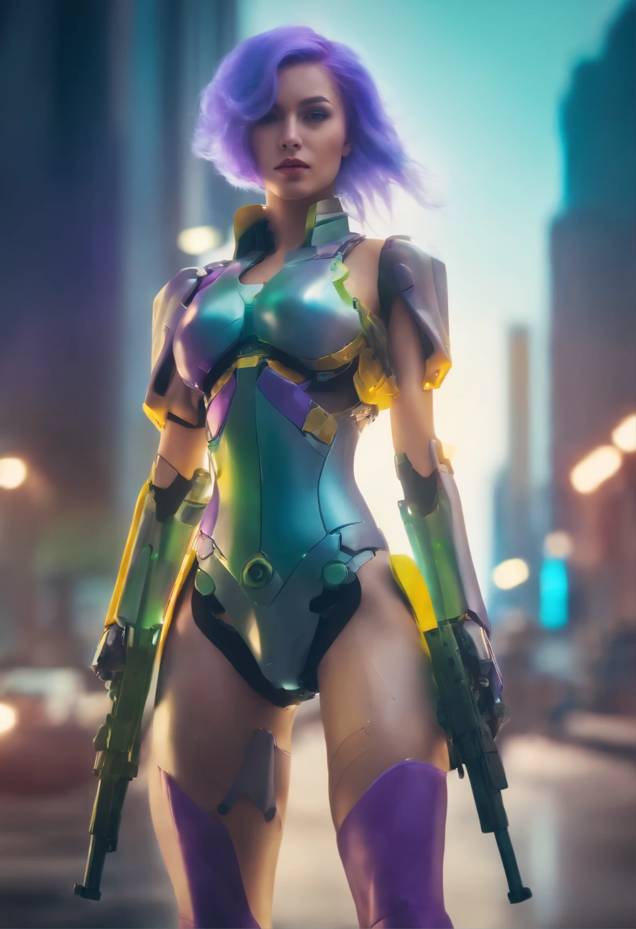 create an anime-style woman, a super sexy woman, with almost transparent clothes, blue hair with watercolor details, purple eyes with green and yellow details, carrying a colorful fluid weapon; Behind the woman there is a Gundam-style robot (mecha) (customized in different colors)