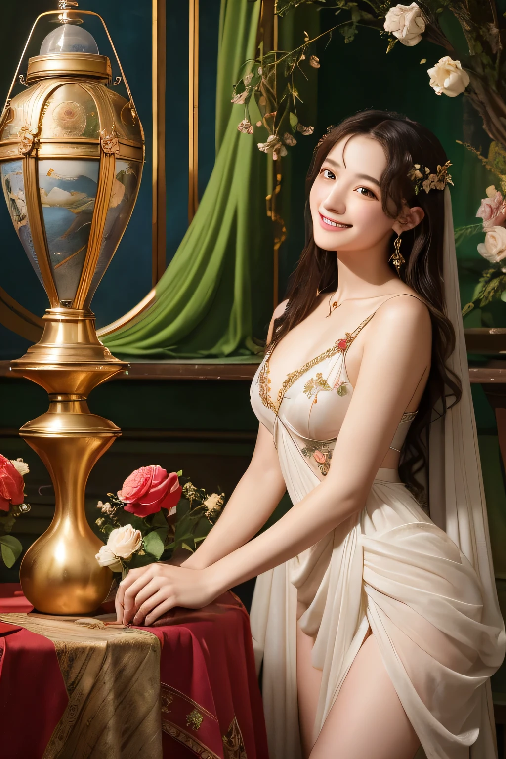 Giorgione painting style,Arguments of two female Philosophe,math、astronomical machine、astronaut、roses in vase、fruits、Cute trinkets、smile、ancient greek costume、Background is a forest lake at night 、Clothes that stretch your shoulders、A big smile、beautiful bare skin、A detailed representation of the seducing woman throughout her body.