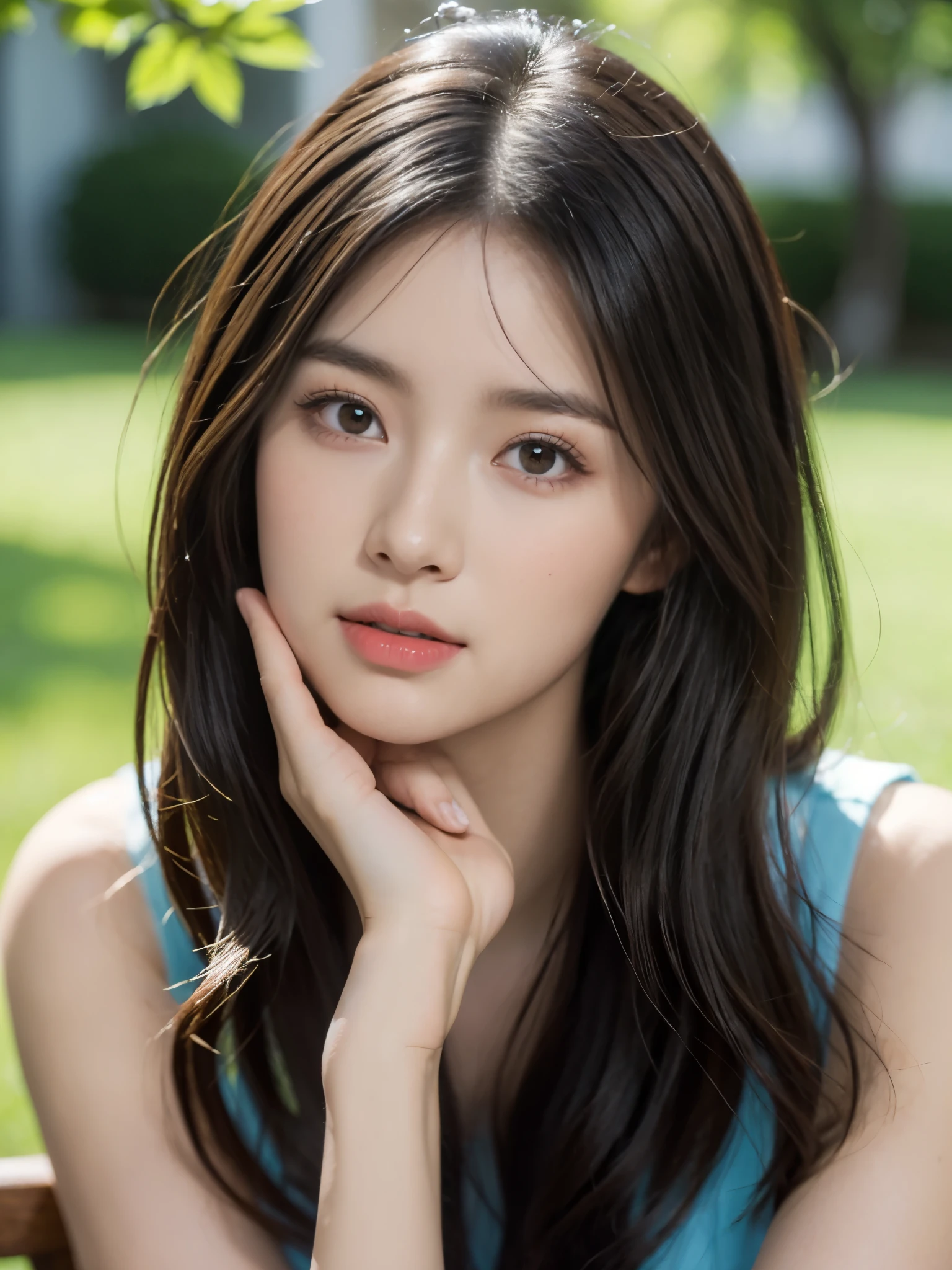 ((de primera calidad, 8K, masterpiece:1.3)), hermosa chica, puro, melon face, gentil y lindo, una dulce sonrisa, puro lust, Figura delgada, (La parte superior del cuerpo), (fachada), (cabeza inclinada), Look directly into the camera., Uniformes, Camisa blanca, falda azul, obi, Formal, pelo largo y liso negro y sedoso, Cabello largo que cae sobre los hombros., el gesto de peinarse, ojos grandes y redondos negros, ojos grandes y claros, labios rojos mojados, Dolce, sentado en el borde de una cama, Fondo del umbral de la ventana,