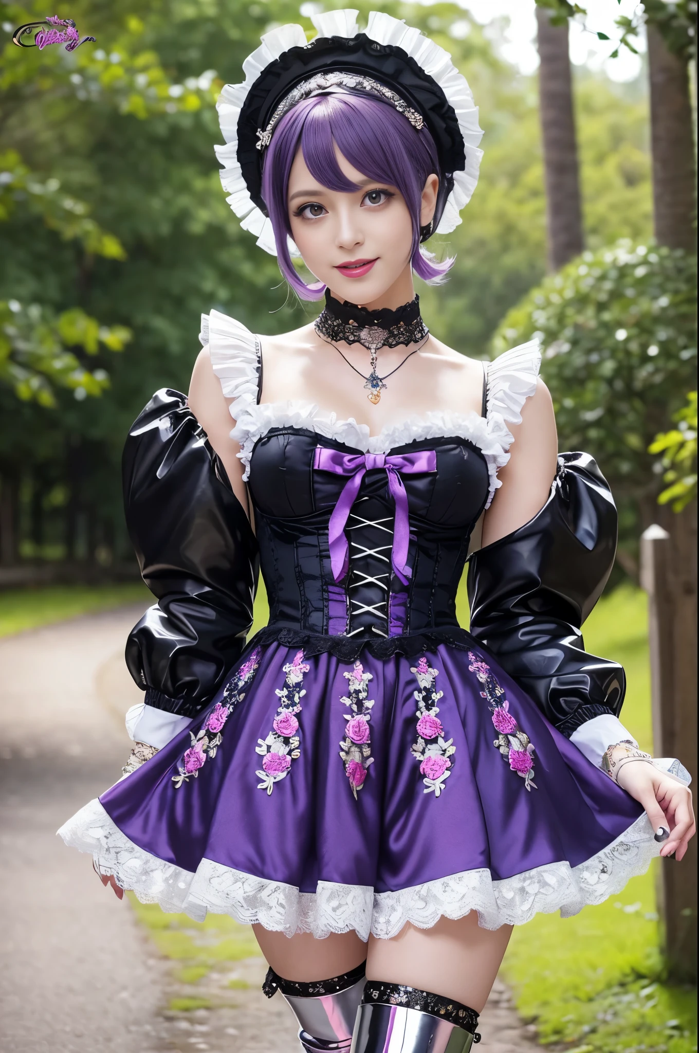 (nsfw), sexy stylish Swedish model, only 1 female, ((doll-like appearance)), short purple stylish hair, ((shiny Victorian-Style boots)), (big smile), ultra detailed eyes, vivid eye makeup, lipgloss, long lashes, defined eyebrows, ((sexy Paradise Kiss cosplay)), bell-shaped skirt, petticoats, high neckline, puffed sleeves, (( ultra detailed lace)), ((ultra detailed embroidery)), intricate details, Paradise Kiss accessoires and matching headpiece, choker, ((large sparkling Paradise Kiss jewelry)), cinematic light, detailed large park background with trees 