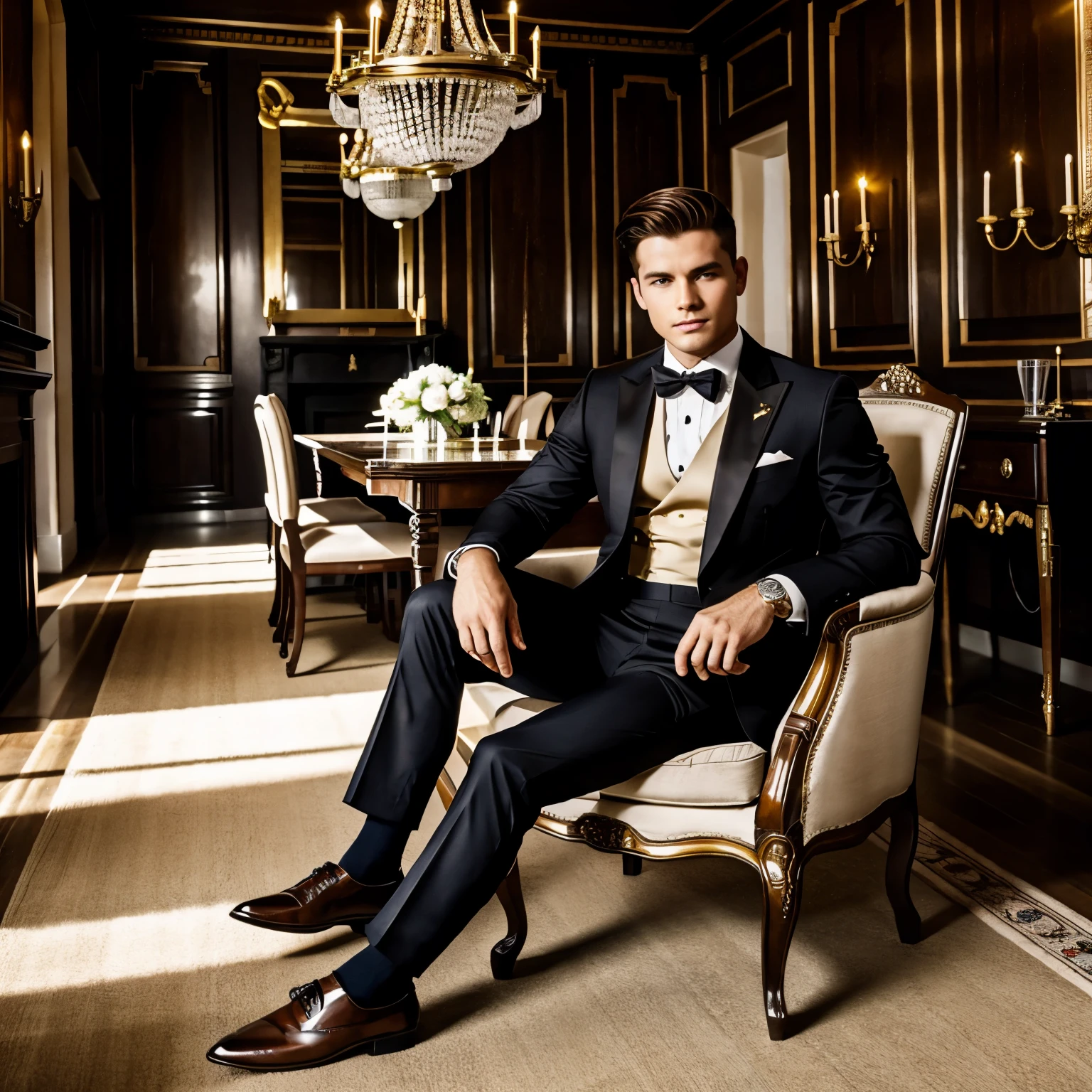 full view full body, Superior white male Master with preppy undercut light-brown haircut is sitting on a chair. He is young, Masculine and wearing a dapper suit, black thin socks, elegant shoes, golden signet ring. We see him from the level of the floor. low lights, luxurious ancient living-room in a manor with walls and ceiling covered with old woodwork. He's s sitting directly in front of us. We can see his crotch
