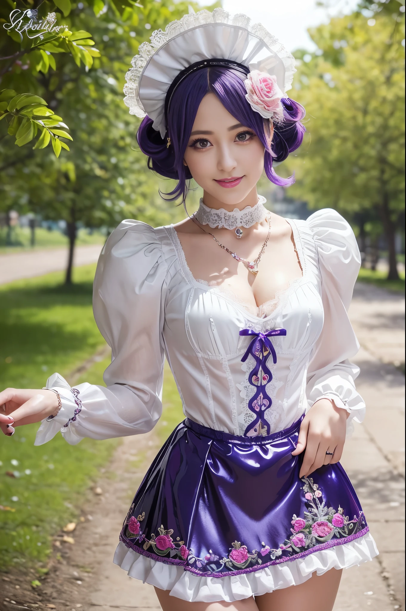 (nsfw), sexy stylish Swedish model, only 1 female, ((doll-like appearance)), short purple stylish hair, ((shiny Victorian-Style boots)), (big smile), ultra detailed eyes, vivid eye makeup, lipgloss, long lashes, defined eyebrows, ((sexy Paradise Kiss cosplay)), bell-shaped skirt, petticoats, high neckline, puffed sleeves, ((ultra detailed lace)), ((ultra detailed embroidery)), intricate details, Paradise Kiss accessoires and matching headpiece, choker, ((large sparkling Paradise Kiss jewelry)), cinematic light, detailed large park background with trees