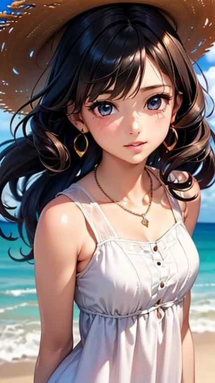 A girl is posing for a photo, cute女の子, Enchanting girl, Anime Girls, 
(((One Girl, Baby Face, cute, 16 years old))), 

(White sleeveless dress:1.4)、(barefoot), ((Straw hat)), Earrings、necklace、bracelet、anklet、
BREAK 

(Beautiful Hair, Shiny Hair, Shiny Hair), ((Black Hair、Hair blowing in the wind、Wavy Hair、Curly hair、Natural curls)), 
(Expression of fine eyes, Beautiful and delicate eyes, Sparkling eyes, Eye Reflexes, black eye, Slanted Eyes), 
double eyelid, Long eyelashes, 
(Beautiful Nose,Thin Nose), 
(Glossy lips, Beautiful Lips, Thick lips), 
(Symmetrical facial features, Perfect Face),
break  

(smile、Embarrassed、blush), 
(noon、(beach、Water&#39;s Edge、Go into the sea)), ((Dynamic Pose、Reach out、Full Body))
break 

(((highest quality)), ((masterpiece)), (Very detailed), (High resolution), (Beautiful sparkle), (High detail), (Anatomically correct)), ((Realistic)), 
(The best CG), Highly detailed art, CG illustration, (16k, 1080p), Oil paints, ((Line art)),

