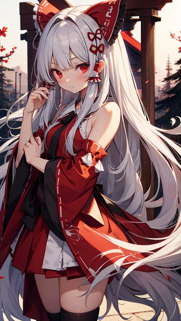 Highest quality　I have long hair　Gray Hair　Konpaku Youmu　Reimu Hakurei　Red eyes　I don't have anything　vampire　Odd Eye　kind　Miko costume　Cat ear　Embarrassed　Background Black　Two people