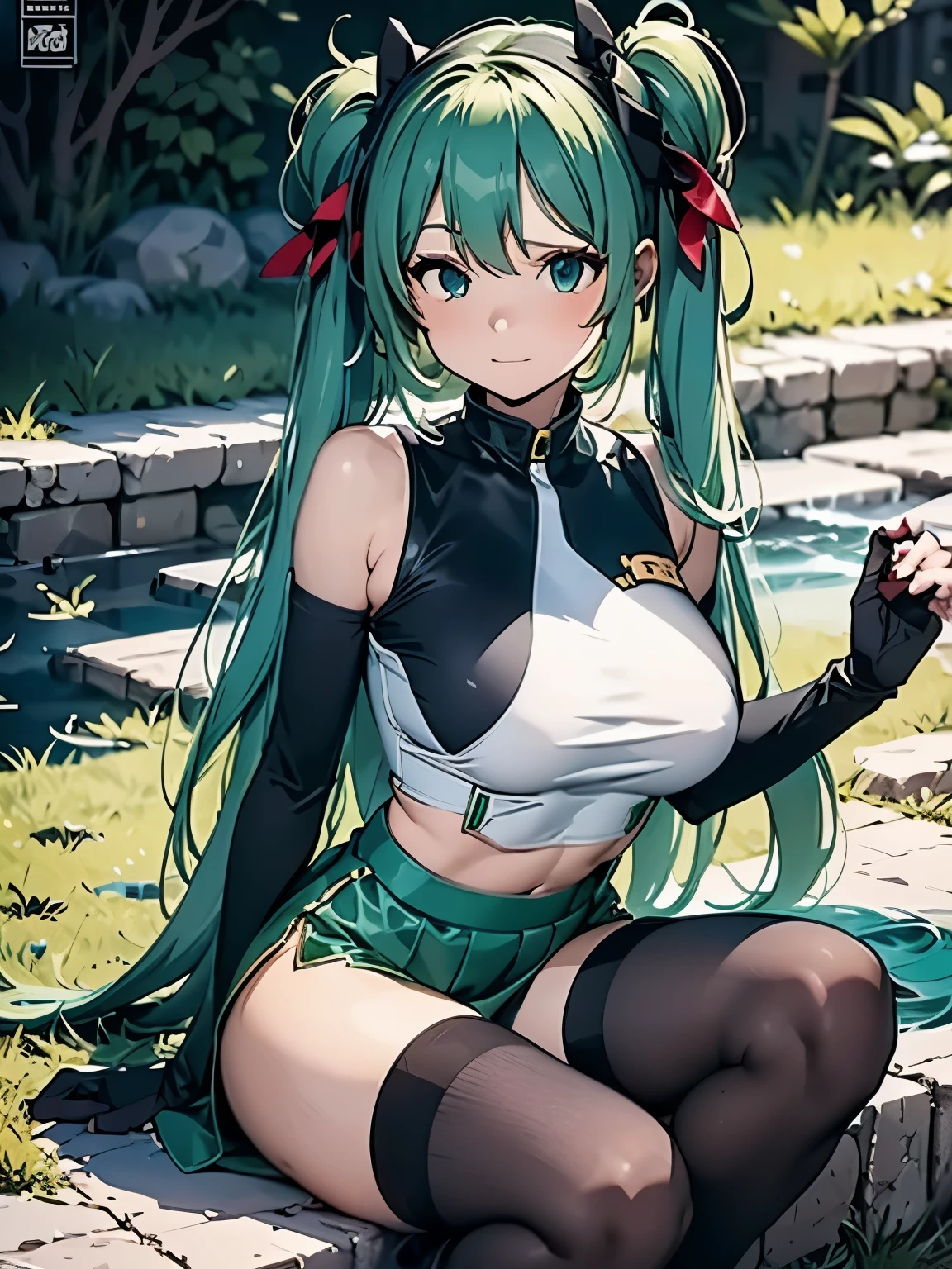 (masterpiece、highest quality、highest quality、Official Art、Beautiful and beautiful:1.2)、(One girl:1.3)Hatsune Miku、Twin tails,Big Breasts,(masterpiece, highest quality:1.2),figure,8k,High resolution,One girl,alone,Green Hair,Hair above the eyes,ribbon,Team Rocket,Team Rocket uniform,White Skirt,Red letter R,Crop top,Black thigh-high socks,Black elbow gloves