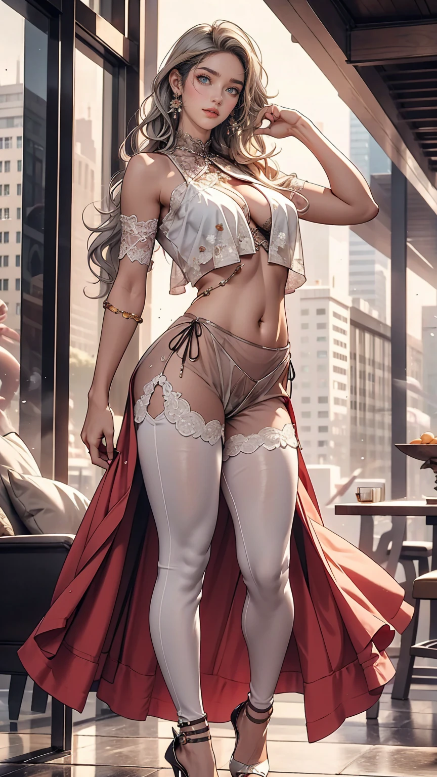 24 year old Caucasian female、Silver Hair、long hair、Hair becomes wavy、Outstanding proportions、Wear a sheer romper decorated with lace、Breasts are visible through the skin、I can see my belly button、Wear low rise leggings、Wear stiletto heels、Cowboy Shot、sexy pose、Skyscraper background