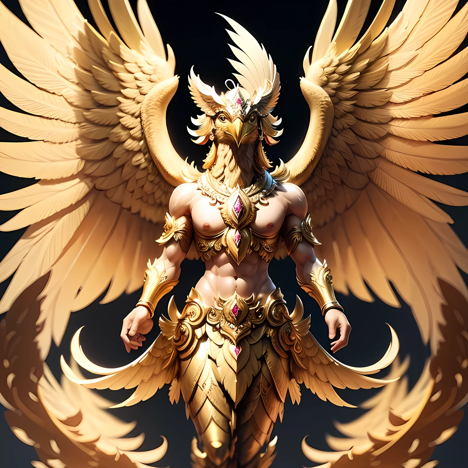 Golden Garuda Bird, whole body, spready the wing, facing the viewer, super hyper detailed, blurred white background. cinematic