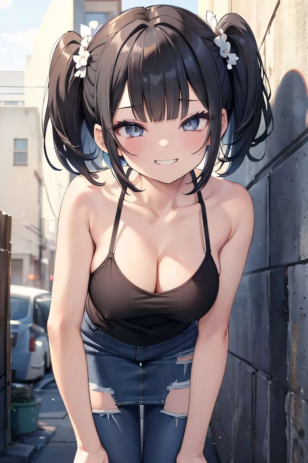 (8K、Highest quality、highest quality、masterpiece)、Detailed face、One girl、 Black Hair、short hair、twintails、blunt bangs、Grey Eyes、evil smile、((Grin))、Small breasts、((camisole))、((denim pencil skirt))、Cowboy Shot、((bent over))、Back Alley Background、Very large breasts