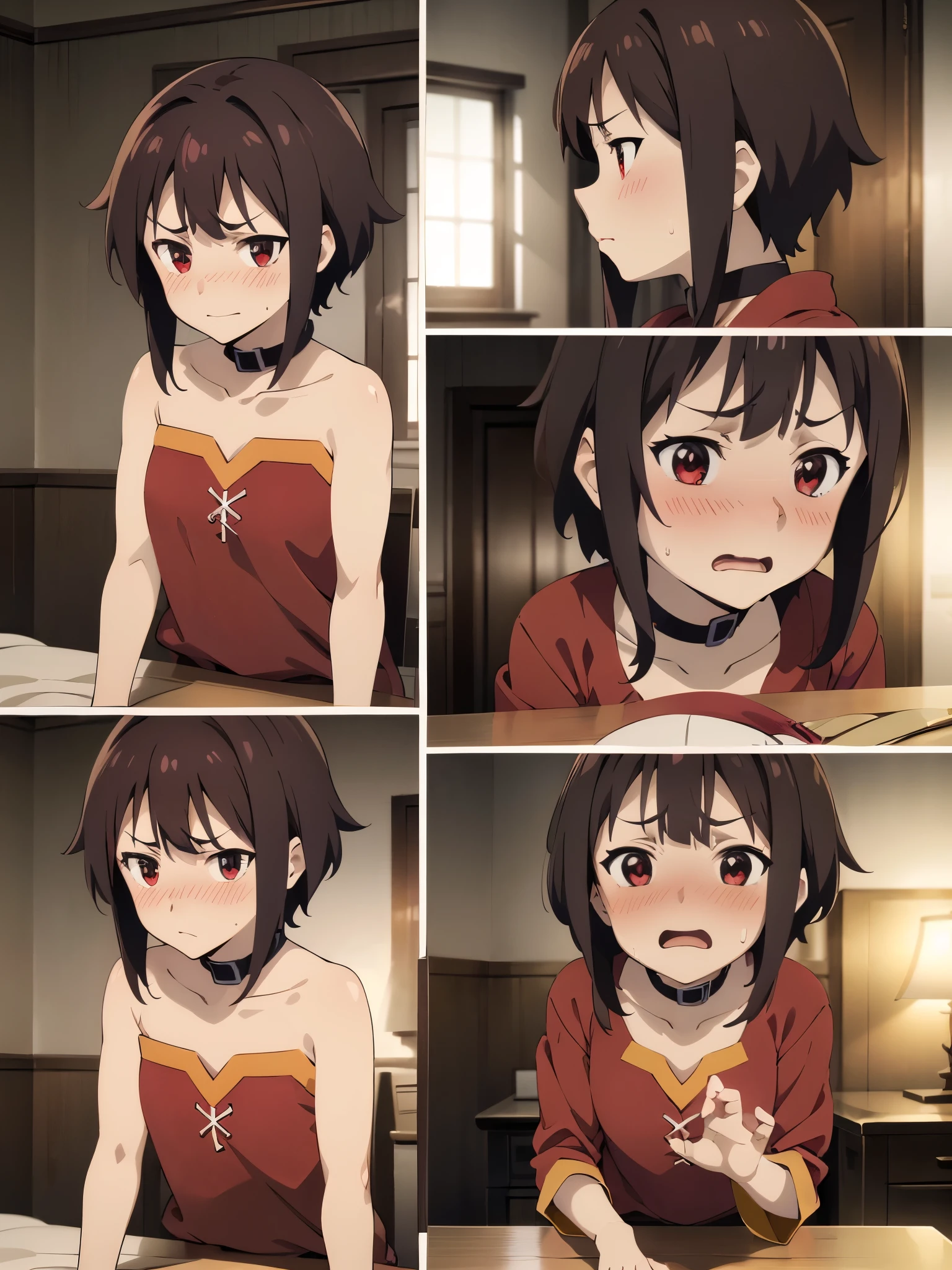 NSFW,1 girl、Red eyes、Short Hair、Brown Hair、choker、clavicle、長い髪のShort Hair、Side Lock,Red dress,(Perfect hands),(Perfect Anatomy),(masterpiece),(highest quality),Embarrassed,blush,Bedroom
