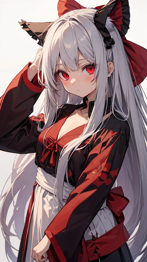 ((Solo, alone, female)), ((Long silver hair, straight)), ((Red eyes, symmetrical)), ((Black kimono, unbuttoned)), ((Red and black gradation background, geometric Japanese pattern)),