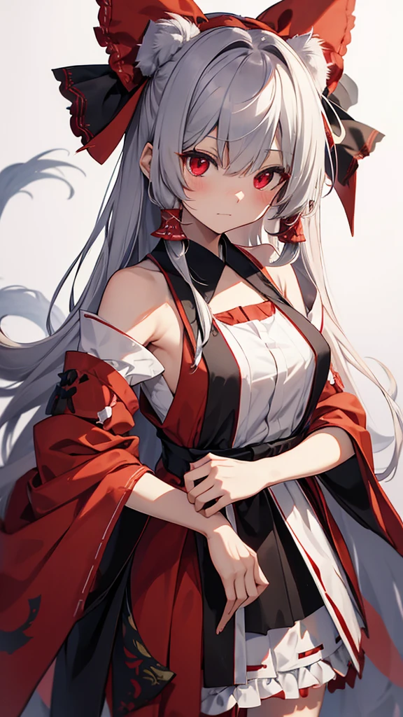 Highest quality I have long hair Gray Hair Konpaku Youmu Reimu Hakurei Red eyes I don't have anything vampire Odd Eye kind Miko costume Cat ear Embarrassed Background Black Two people