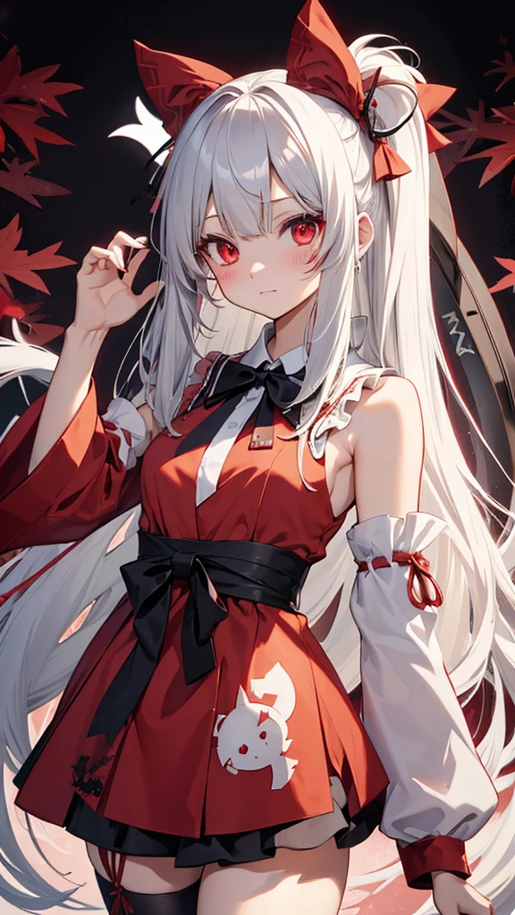 Highest quality　I have long hair　Gray Hair　Konpaku Youmu　Reimu Hakurei　Red eyes　I don't have anything　vampire　Odd Eye　kind　Miko costume　Cat ear　Embarrassed　Background Black　Two people