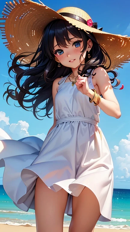 A girl is posing for a photo, cute女の子, Enchanting girl, Anime Girls, 
(((One Girl, Baby Face, cute, 16 years old))), 

(White sleeveless dress:1.4)、(barefoot), ((Straw hat)), Earrings、necklace、bracelet、anklet、
BREAK 

(Beautiful Hair, Shiny Hair, Shiny Hair), ((Black Hair、Hair blowing in the wind、Wavy Hair、Curly hair、Natural curls)), 
(Expression of fine eyes, Beautiful and delicate eyes, Sparkling eyes, Eye Reflexes, black eye, Slanted Eyes), 
double eyelid, Long eyelashes, 
(Beautiful Nose,Thin Nose), 
(Glossy lips, Beautiful Lips, Thick lips), 
(Symmetrical facial features, Perfect Face),
break  

(smile、Embarrassed、blush), 
(noon、(beach、Water&#39;s Edge、Go into the sea)), ((Dynamic Pose、Reach out、Full Body Shot))
break 

(((highest quality)), ((masterpiece)), (Very detailed), (High resolution), (Beautiful sparkle), (High detail), (Anatomically correct)), ((Realistic)), 
(The best CG), Highly detailed art, CG illustration, (16k, 1080p), Oil paints, ((Line art)),

