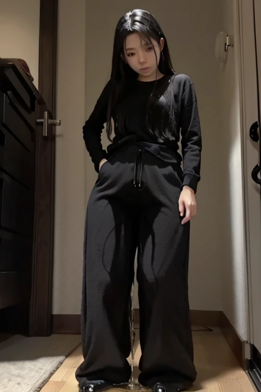 Japanese Girl sees the ghost and pees her black palazzo pants until her pants are wet in fright.