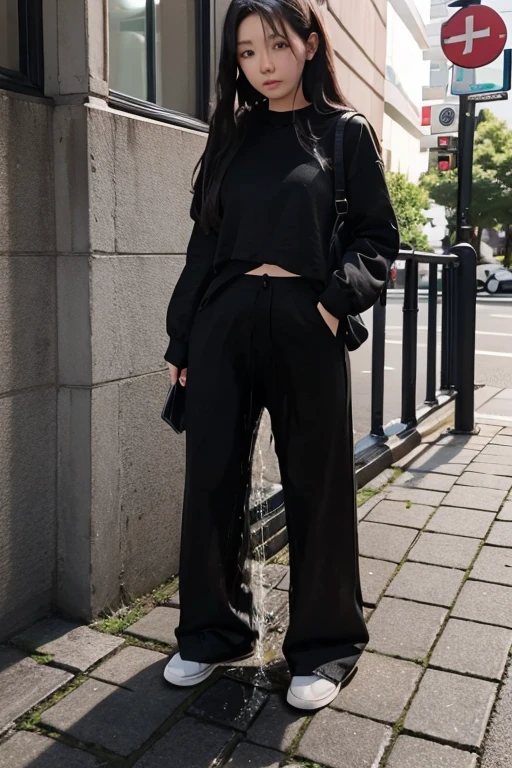 Japanese Girl sees the ghost and pees her black palazzo pants until her pants are wet in fright.