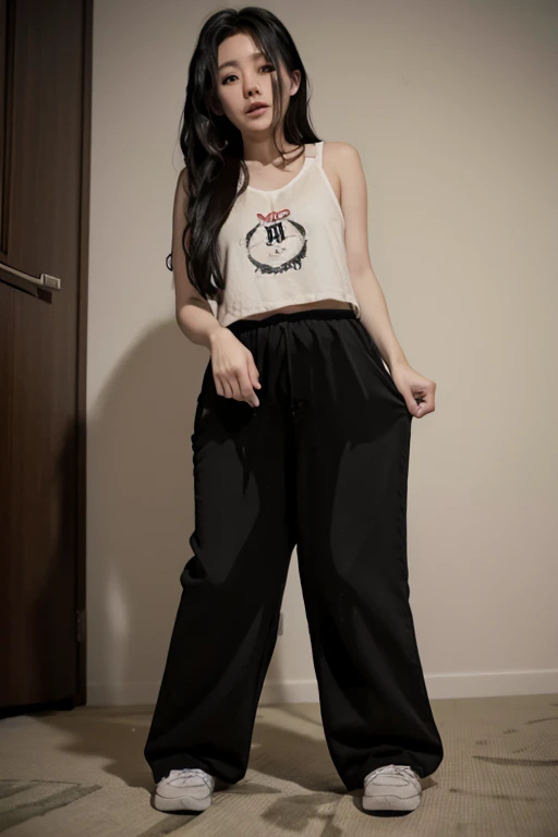 Japanese Girl sees the ghost and pees her black palazzo pants until her pants are wet in fright.