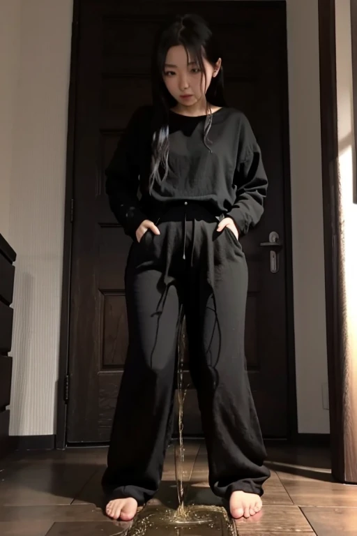 Japanese Girl sees the ghost and pees her black palazzo pants until her pants are wet in fright.