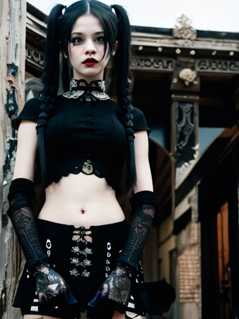 macabre Emo goth girl,  twin ponytails, intricate details,  (intricate design), , necro, detailed , abstract fragments, 