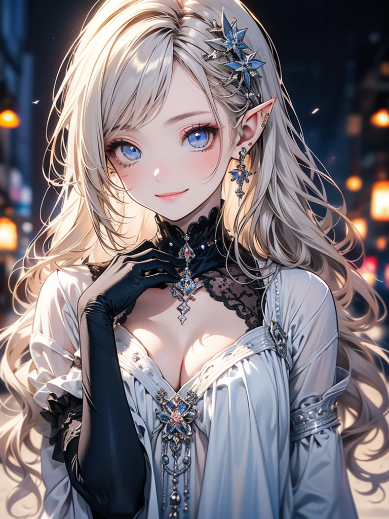 (master piece),(4k),high quality,flat chest,1girl,elf,long silver hair,pale skin,smile,beautiful detailed blue eyes, (Highly detailed elegant), Magical colors and atmosphere, Detailed skin,The background is soft and blurry,Add a dramatic and symbolic element to your scene, Depth of written boundary, Bokeh, Silky to the touch, Hyper Detail,sitting,in white beach,multilayered outfit