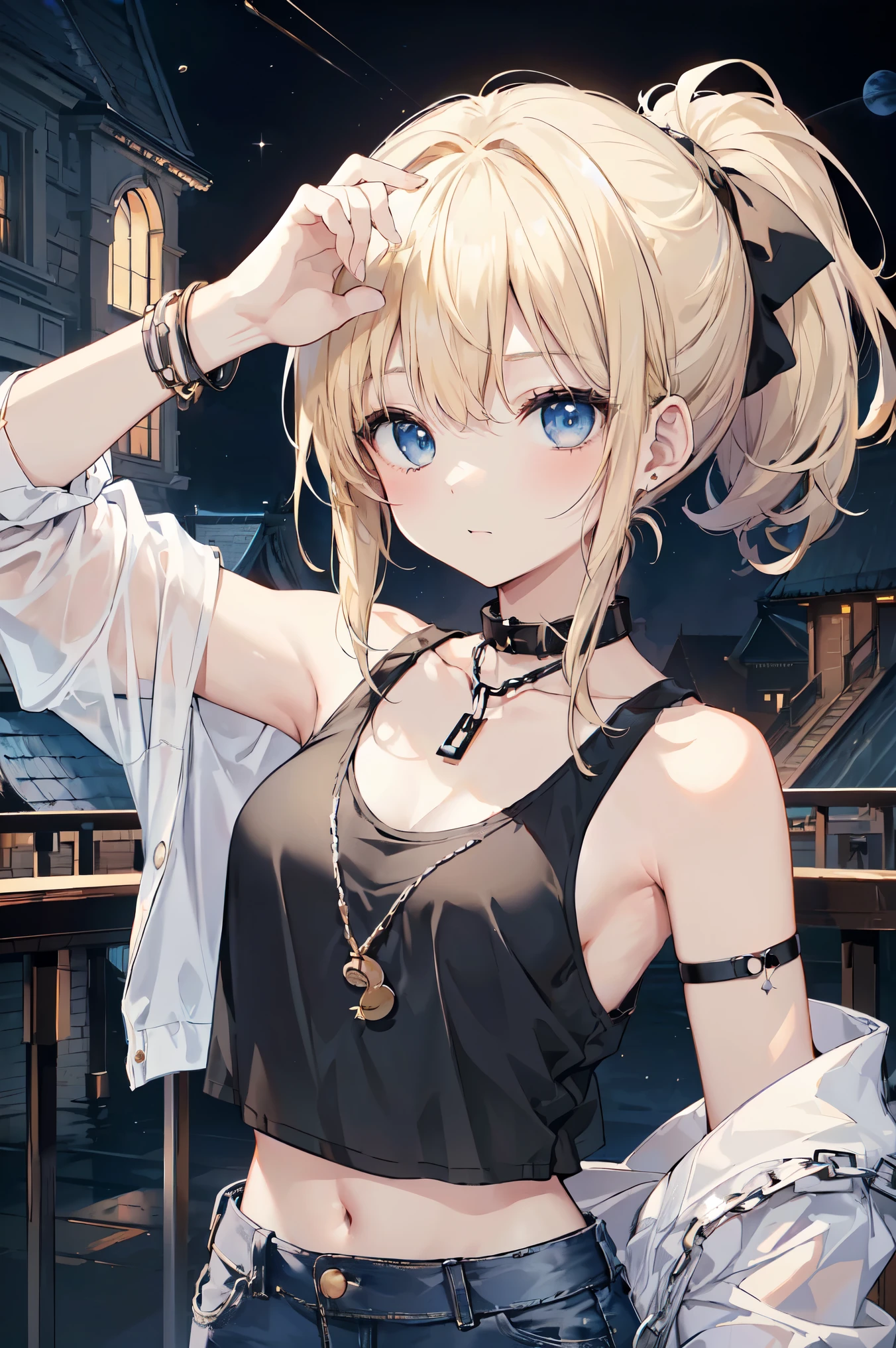 最high quality、Best image quality、masterpiece、With a girl((18-year-old、Shabby clothing、Black Belly Button Tank Top、White pants、Best Bust、Bust 85、Blonde、Messy ponytail、blue eyes、Open your chest wide、happiness、Chain Accessories、Black wristband on wrist、Get on top of your audience、Top-down perspective))high quality、Visual Arts、background((Planetarium House))、Tabletop