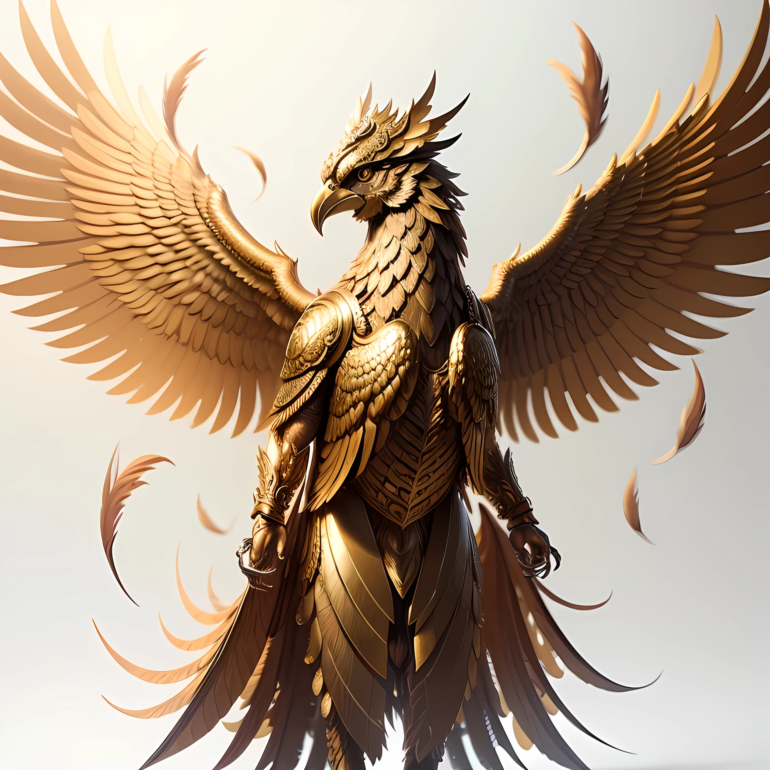Golden Garuda Bird, whole body, spready the wing, facing the viewer, super hyper detailed, blurred white background. cinematic