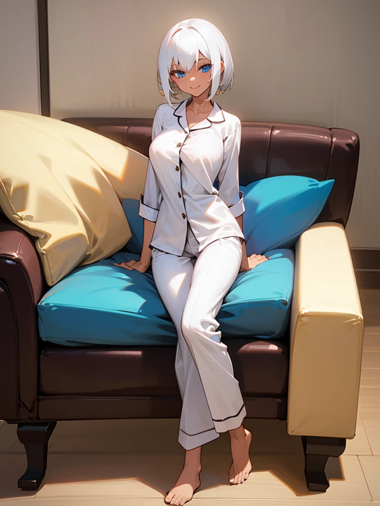 1girl, white hair, short hair, tanned skin, blue eyes, big breasts, happy smile, full body, good proportions, pajamas, sitting, sofa, living room