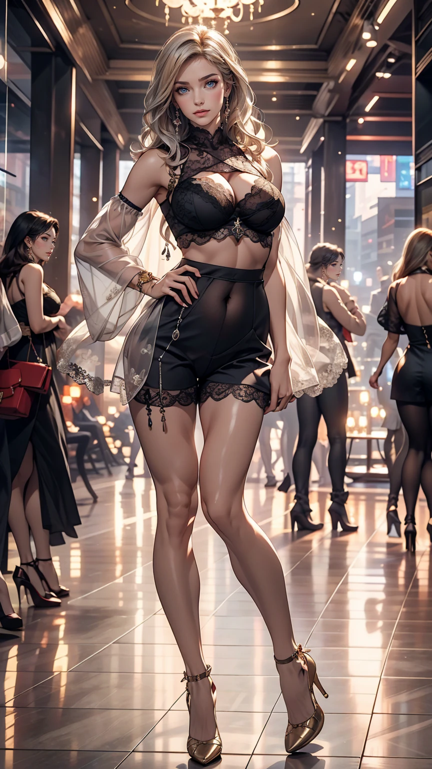 24 year old Caucasian female、Silver Hair、long hair、Hair becomes wavy、Outstanding proportions、Wear a sheer romper decorated with lace、Breasts are visible through the skin、I can see my belly button、Wear low rise leggings、Wear stiletto heels、Cowboy Shot、sexy pose、Skyscraper background