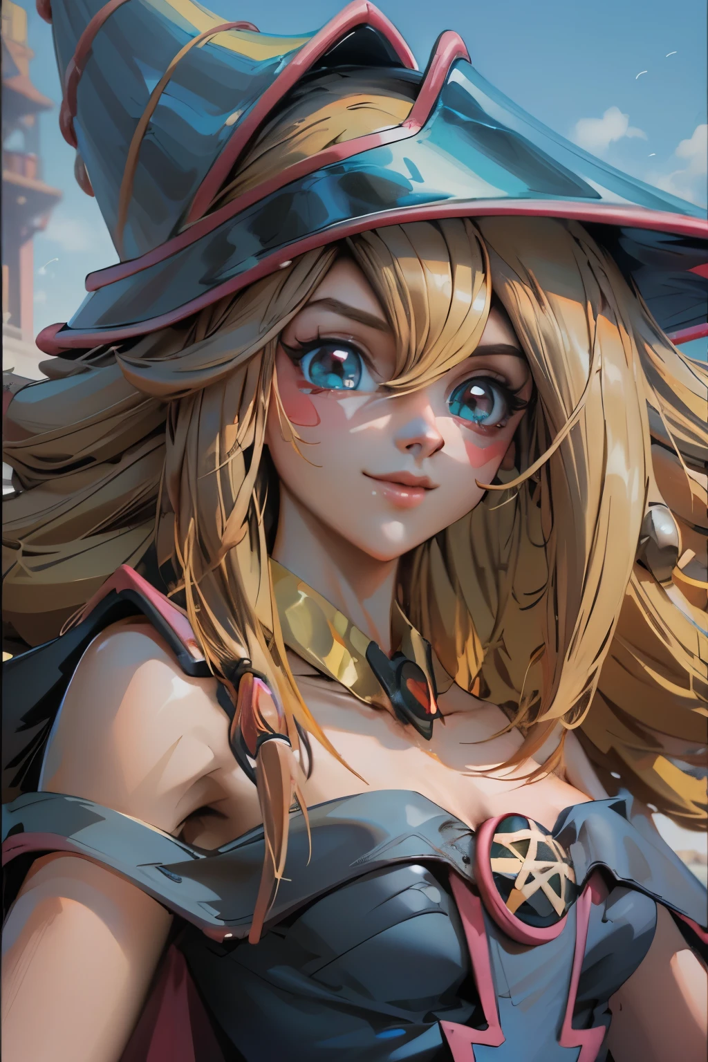 Crea el hermoso rostro de dark magician gils. Ojos azules. Labios rosados. Tes blanca. Cabello rubio. girl smile. Hombros destapados. Collar en el cuello. Rostro de dark magician gils