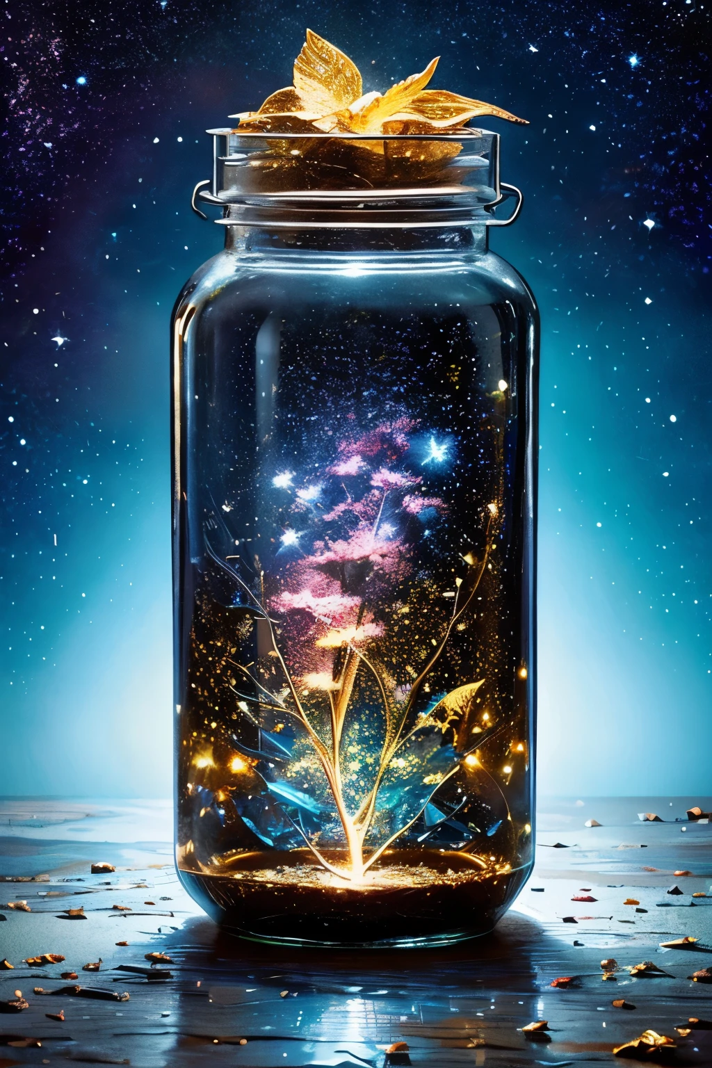 ​masterpiece、top-quality、（Very delicate and beautiful starry sky landscape trapped in a jar）、world masterpiece theater、high-resolutionisometric、top-quality、illustratio、Impasto、canvas、an oil painting、realism、realisitic