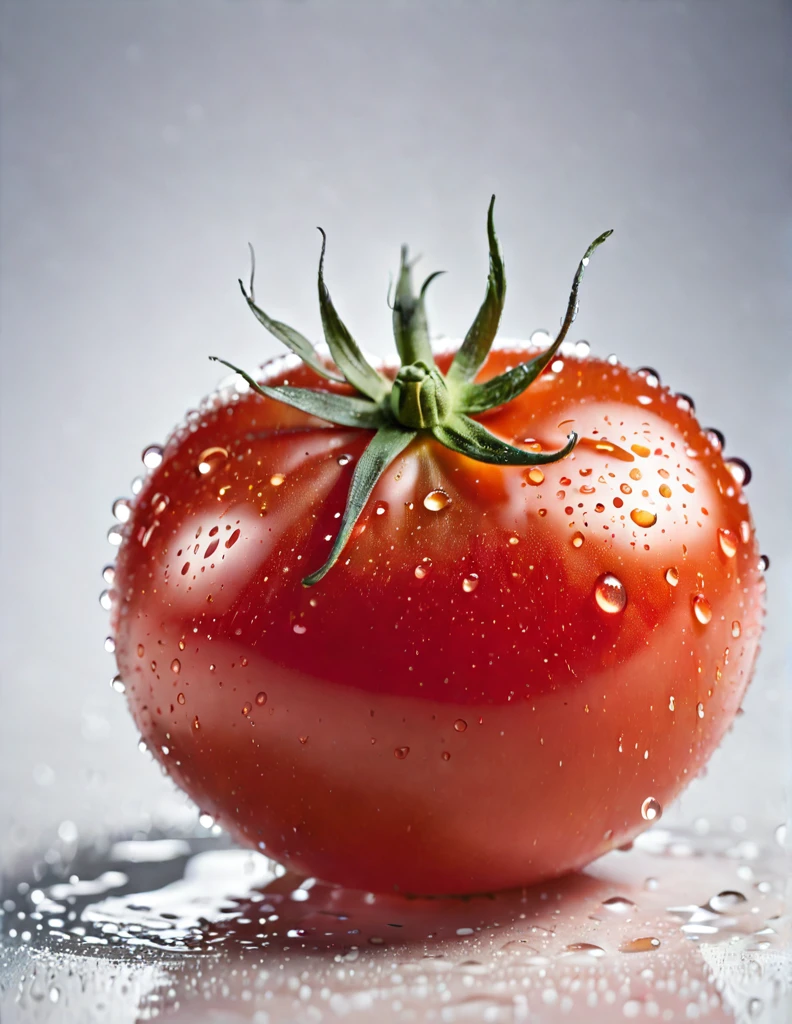 Tomato, a ripe red tomato with glistening droplets of water on its smooth skin, placed on a clean, white photography backdrop, illuminated by soft, diffused studio lighting. The tomato is perfectly positioned to showcase its vibrant color and fresh texture. The focus is sharp, capturing every detail of the tomato's surface and water droplets. The overall mood is bright, fresh, and appetizing. Style: Photography (Photostudio) realized with a full-frame DSLR camera and a macro lens set at f/2.8 aperture for shallow depth of field and crisp details. Parameters: --aspect 4:3, --quality 1, --seed 123456, --stylize 500.