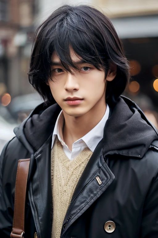 Boy with hair Black trench coat Black 