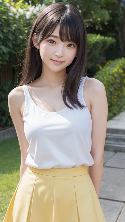 8K、Detailed Description、Very high definition、Realistic、reality的、Real、live-action、reality、High resolution、Nogizaka46、japanese idol,beautiful girl、21 years old、White tank top, knee-high angle、Mouth closed、Lacrosse court、sunny、Strong winds、Straight Long Hair、Headband、Very black hair、Pastel yellow flared mini skirt、Her skirt is flipped up、Hair blowing in the wind、pretty girl、Beauty、Large Breasts、Glowing Skin、Glowing Skin、Shiny Hair、Very white skin、Heavy makeup、Embarrassed、Shyly、Slit eyes、Big Eyes、Double eyelids、Smile without showing your teeth、Arms folded behind back、clear、Looking up、Peeking at this from below