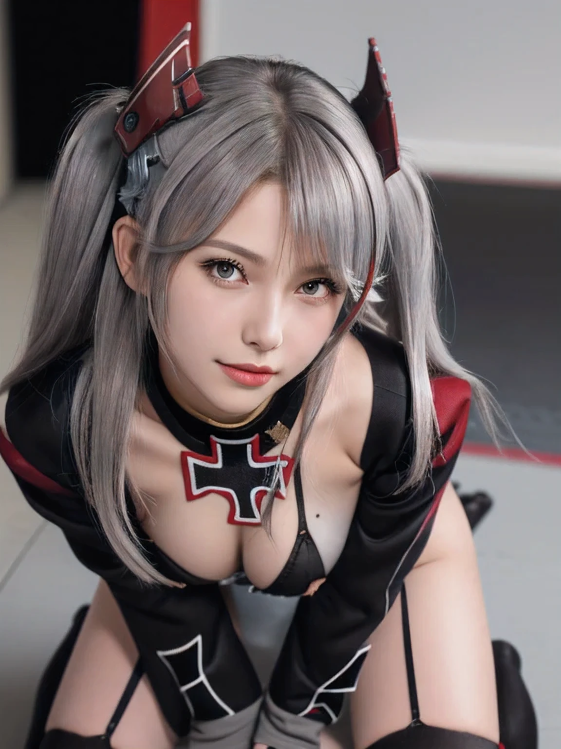(8k, RAW photo, best quality, masterpiece:1.2), (realistic, photo-realistic:1.4), (extremely detailed 8k wallpaper), sharp focus, depth of field, blur background, bokeh, cinematic lighting, soft light, break, (close up:1.5), break,
smile, Spread legs, on the floor, (hands on knees:1.3), break,
aaeugen, long hair, two side up, antenna hair, headgear, iron cross, sideboob, mole on breast, military uniform, grey dress, buttons, long sleeves, black gloves, garter straps, black thighhighs