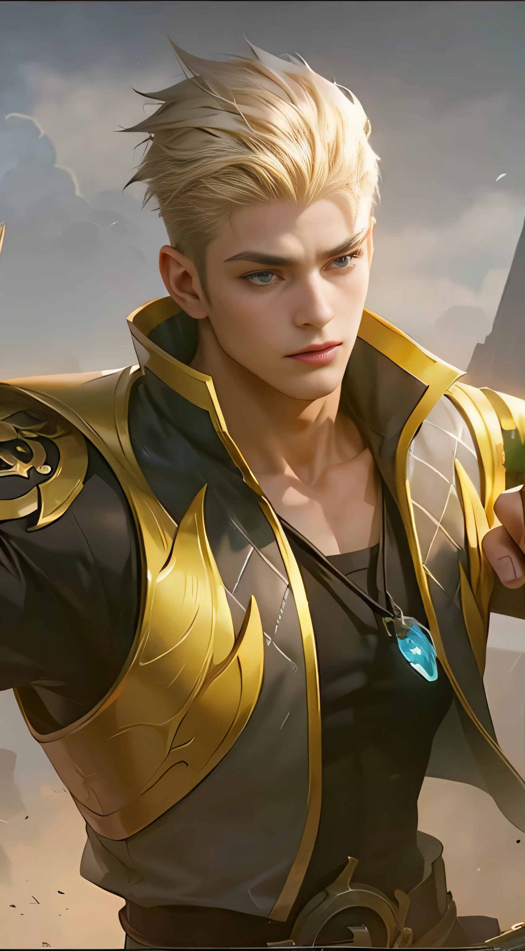 Best quality, masterpiece, detailed skin texture, detailed clothes texture, detailed face, super detail, 8k, intricate detail, 1 boy, the color doesn't change, in the image there is a character from the mobile game \"Mobile Legends\", he has white and blond hair and is wearing a black and gold armor, he is pointing his finger at the right side of the image