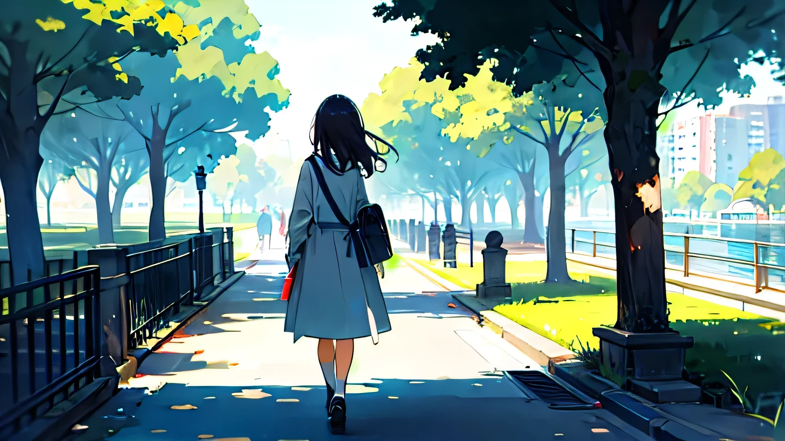 Back view of a girl walking along a park promenade
