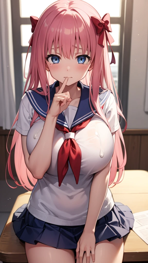 nodokaharamura, nodoka haramura, blue eyes, hair bow, long hair, pink hair, bow,
BREAK looking at viewer,
BREAK indoors, classroom,
BREAK (masterpiece:1.2), best quality, high resolution, unity 8k wallpaper, (illustration:0.8), (beautiful detailed eyes:1.6), extremely detailed face, perfect lighting, extremely detailed CG, (perfect hands, perfect anatomy),、
Completely naked、Completely naked、
A huge amount of semen drips down her thighs、A huge amount of semen drips down her thighs、Covered in semen、Covered in semen、A large amount of semen drips onto her breasts、Sailor suit、紺色と白のSailor suit、Navy blue pleated skirt、Sailor suitに大量の精液が垂れている、Blushing with embarrassment、Crying face、Tears flowing