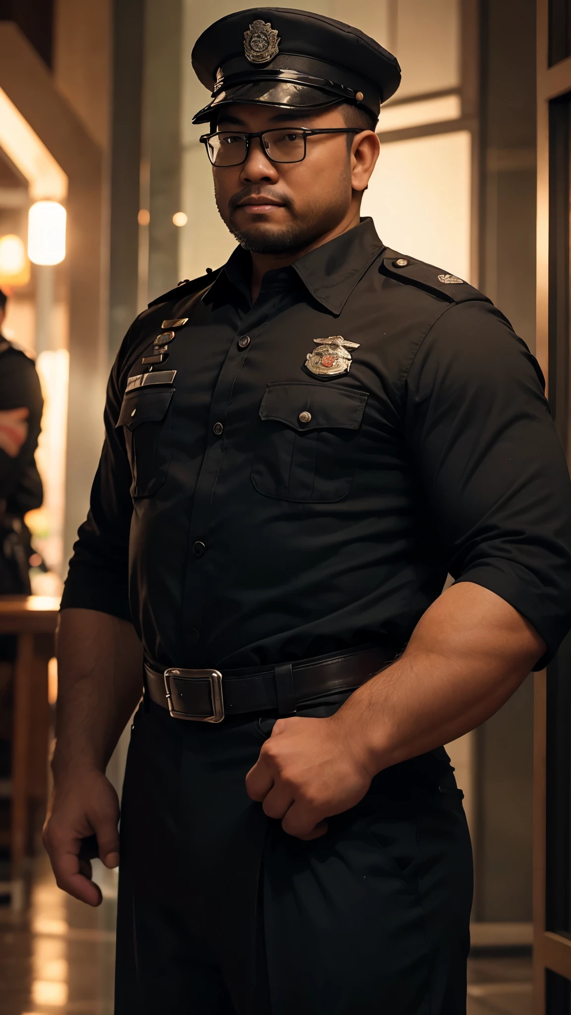 An award-winning original photo, a handsome 35-year-old man, crew cut, full body, mature man, [slightly fat], asian, brown eyes, glasses, (slightly balding), 1boy, Solo, (big shoulder), stubbles, (Short beard), Dynamic Angle, volumetric lighting, (Best quality, A high resolution, Photorealistic), Cinematic lighting, Masterpiece, RAW photo, Intricate details, hdr, depth of field, landscape, vietnamese policeman uniform, police hat,vietnamese,