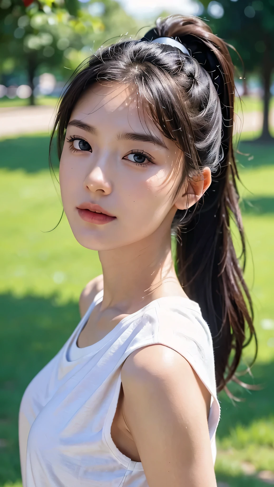 Black underwear shows through the white T-shirt,jeans,outdoors,Urban Park,On the lawn,One woman,close up face,fully body photo,masutepiece, The highest image quality, High quality, the background is clear，Beautiful woman, Japanese, Detailed, Detailed eyes, Detailed skin, Beautiful skin, 超hight resolution, (reality: 1.4),Very beautiful woman, Slightly younger face, Beautiful skin, slender, (Ultra photo realsisim), (hight resolution), (8K), (Very detailed) (beautifully detailed eyes), (super detailed),   (Detailed face), view the viewer, Fine details, Detailed face, Staring straight ahead, Staring straight ahead, photos realistic, Bright lighting, Professional Lighting, Black hair,poneyTail,a baby face,sixteen years old,Hairstyle: ponytail,Long ponytail hairstyle,slight smile,