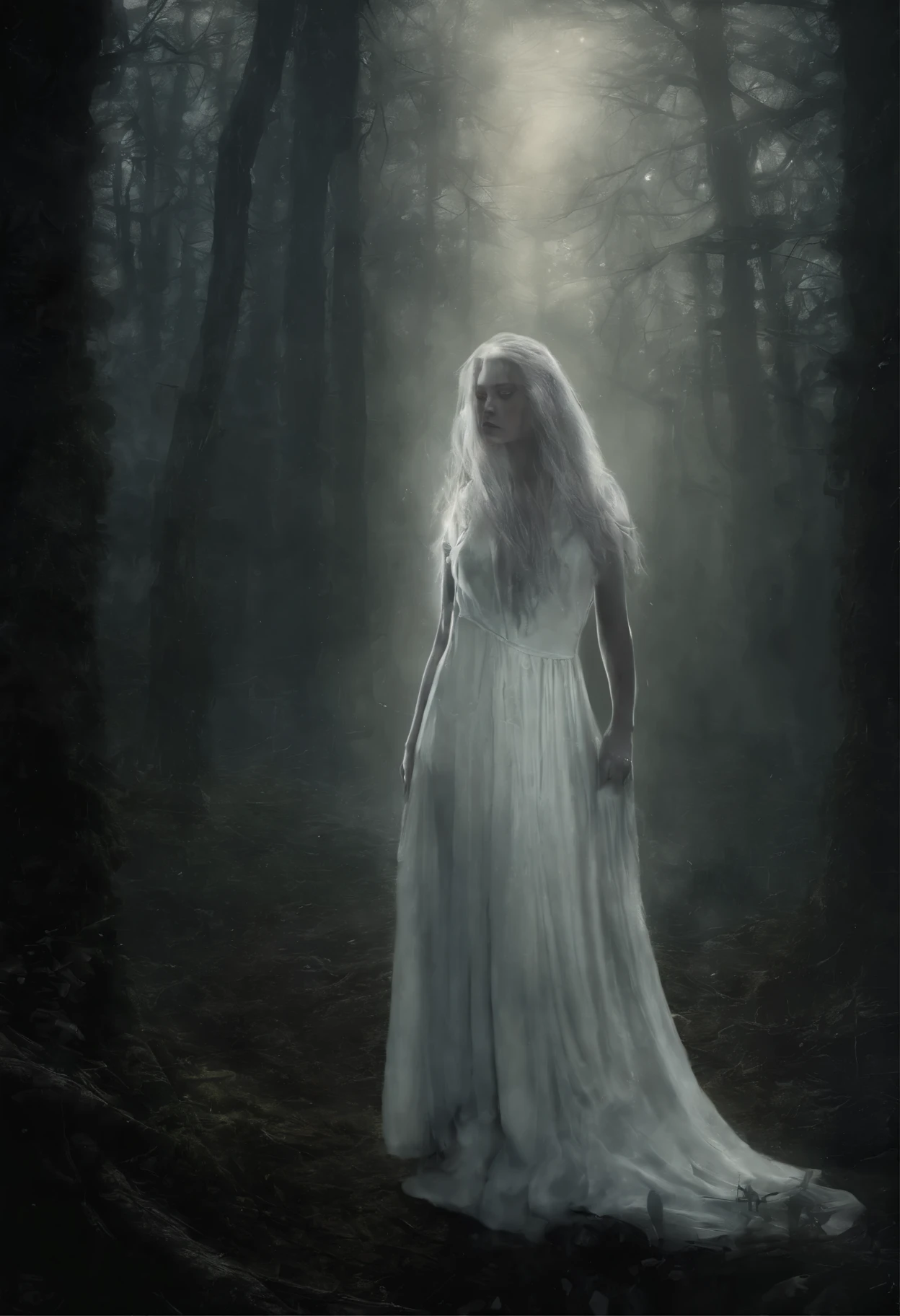 arafed image of a woman in a white dress standing in a forest, concept art by gaston bussiere, cgsociety contest winner, fantasy art, a stunning young ethereal figure, fairy cgsociety, ethereal angelic being of light, glowing angelic being, ethereal!!!, beautiful depiction, enchanted with nature spirit, beautiful fantasy art, very beautiful fantasy art, white glowing aura
