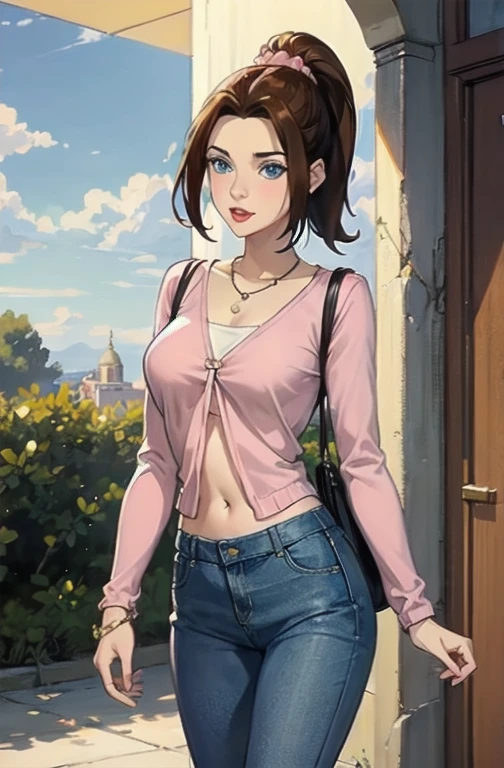 KittyPryde_Dress_ownwaifu, 1girl, brown hair, ponytail, necklace, jewelry, blue eyes,  lipstick,long sleeves, lips, long hair, medium breasts, blush, hair bun, scrunchie, makeup, red lips, hair ornament, jeans, denim,  shirt, blue pants, midriff, (bare midriff), navel, capri pants, pink jacket, cardigan,  absurdres, ultra detailed, masterpiece, best quality, aesthetic, detailed,