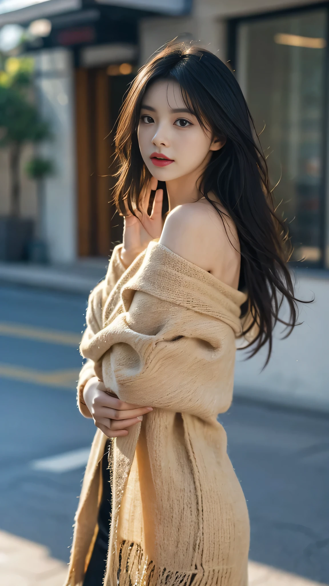A perfect young female，High picture quality，Works of masters，Black hair，Long hair shawl，Long hair flowing over the shoulders，Blurred background，outside, Real Human，CG rendering，16k, Depth of field, movie light, lens flare, Ray tracing ,Stand up，Empty interior，Do not show your hands，Close-up shot