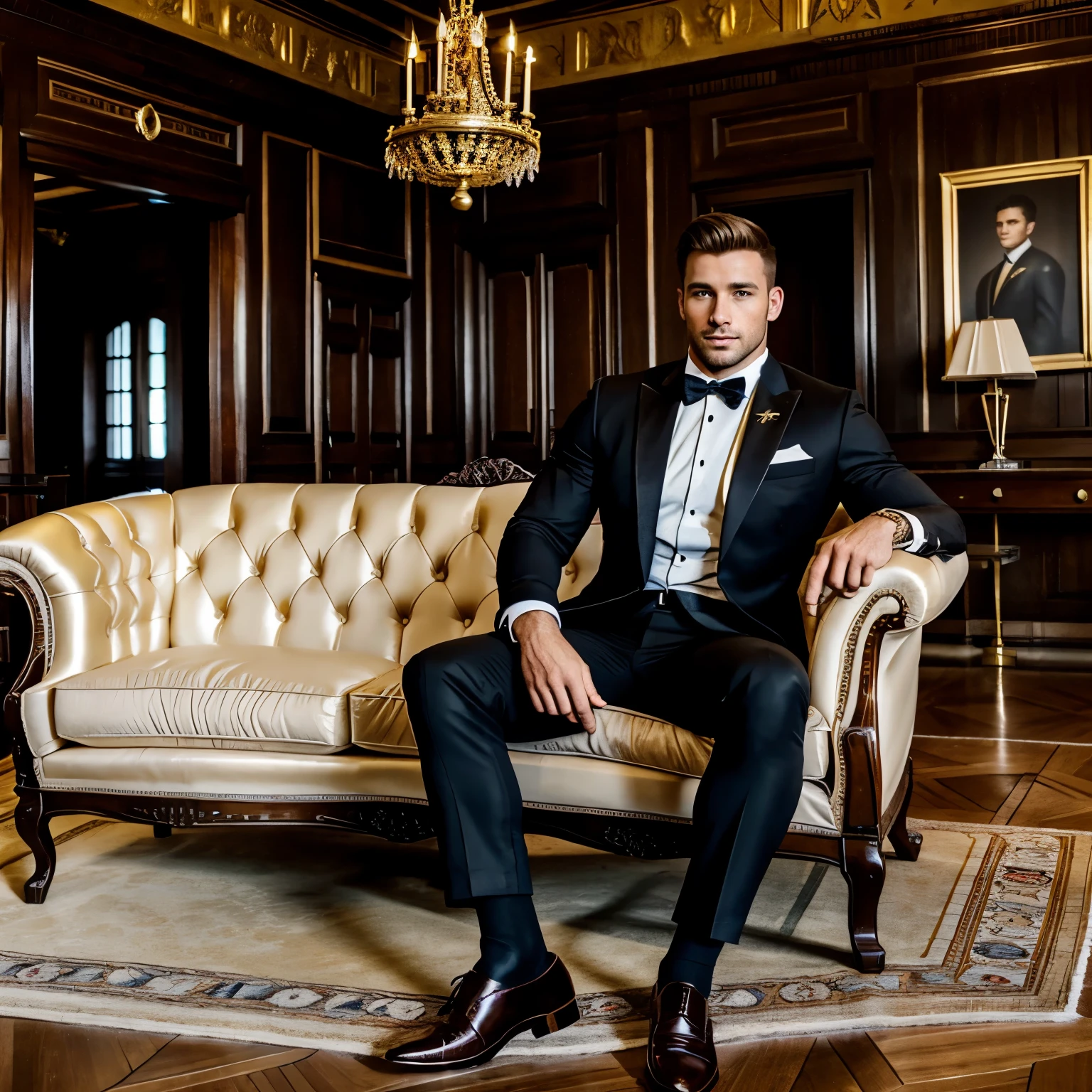 full view full body, Superior white bodybuilded male Master Eric Janicki with preppy undercut light-brown haircut is sitting on a chair. He is young, Masculine and wearing a dapper suit, black thin socks, elegant shoes, golden signet ring. We see him from the level of the floor. low lights, luxurious ancient living-room in a manor with walls and ceiling covered with old woodwork. He's s sitting directly in front of us. We can see his crotch
