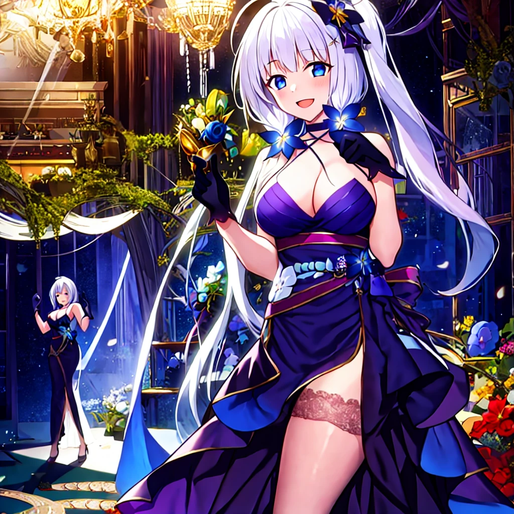 (masterpiece, best quality:1.2), 1 Girl, Solitary, white hair, Black gloves, hands up, black, indoors,giggle