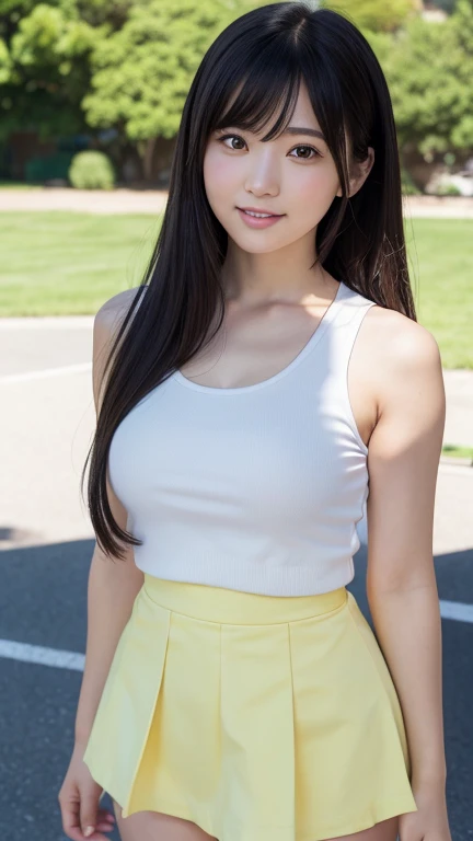 8K、Detailed Description、Very high definition、Realistic、reality的、Real、live-action、reality、High resolution、Nogizaka46、japanese idol,beautiful girl、21 years old、White tank top, knee-high angle、Mouth closed、Lacrosse court、sunny、Strong winds、Straight Long Hair、Headband、Very black hair、Pastel yellow flared mini skirt、Her skirt is flipped up、Hair blowing in the wind、pretty girl、Beauty、Large Breasts、Glowing Skin、Glowing Skin、Shiny Hair、Very white skin、Heavy makeup、Embarrassed、Shyly、Slit eyes、Big Eyes、Double eyelids、Smile without showing your teeth、Arms folded behind back、clear、Looking up、Peeking at this from below